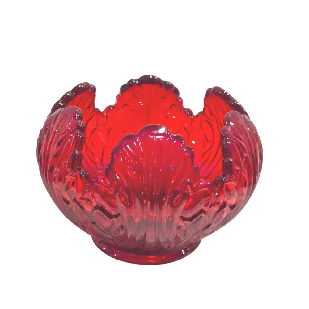 Fenton Red Cabbage Leaf Glass Bowl, Holiday Tableware, Scalloped Candy Dish